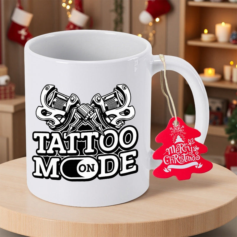 Tailorly White Ceramic 11 oz Mug - Tattoo Mode On Detailed Crossed Mechanical Tattoo Guns With Bold Typography Design Machine