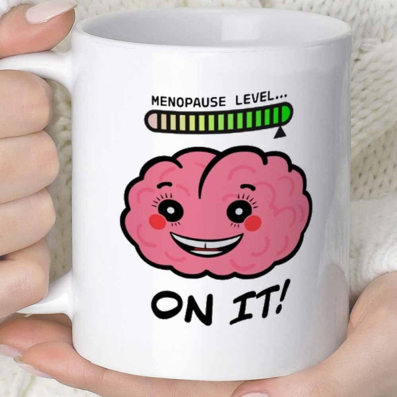Tailorly White Ceramic 11 oz Mug - Menopause Level On It Smiling Friendly Pink Character With A Colorful Level Bar Brain