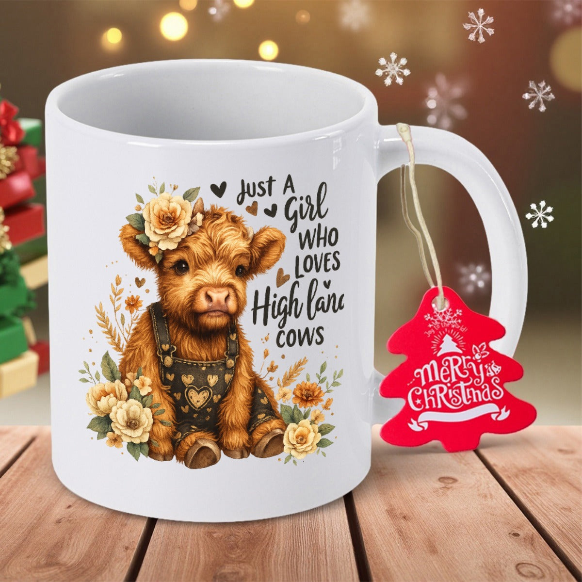 Tailorly White Ceramic 11 oz Mug - Just A Girl Who Loves Highland Cows Adorable Fluffy Sitting Highland Calf Wearing Floral Overalls With Hearts Cow
