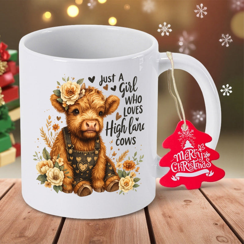 Tailorly White Ceramic 11 oz Mug - Just A Girl Who Loves Highland Cows Adorable Fluffy Sitting Highland Calf Wearing Floral Overalls With Hearts Cow