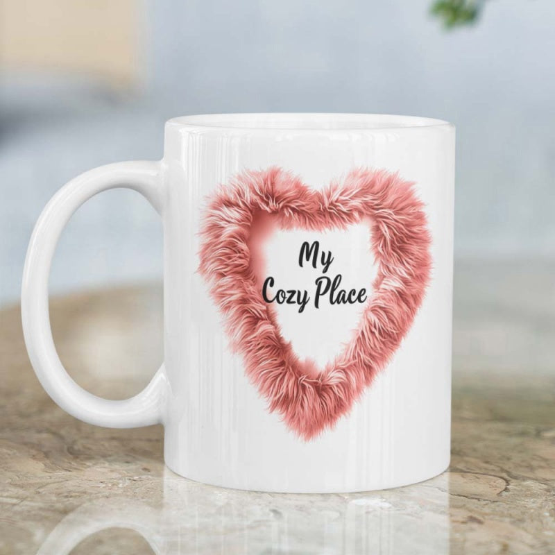 Tailorly White Ceramic 11 oz Mug - My Cozy Place Soft Pink Furry Texture Arranged In A Romantic Symbolic Heart