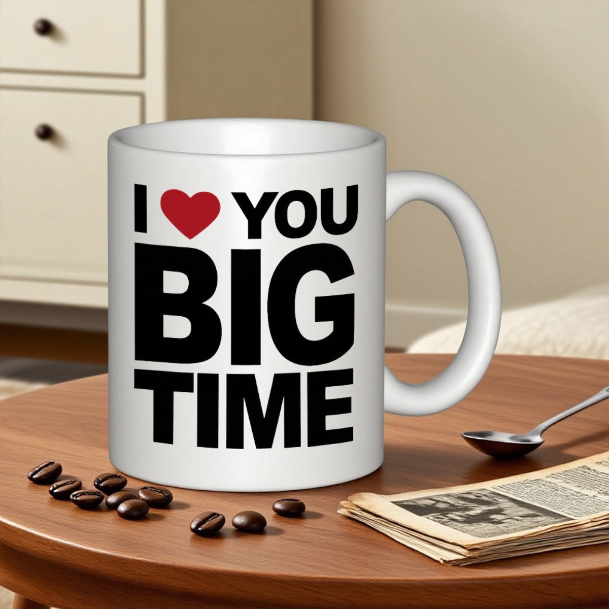 Tailorly White Ceramic 11 oz Mug - I Love You Big Time Minimalist White Ceramic With Bold Black Lettering And Heart Mug