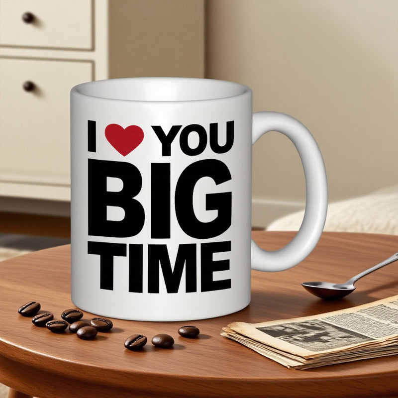 Tailorly White Ceramic 11 oz Mug - I Love You Big Time Minimalist White Ceramic With Bold Black Lettering And Heart Mug