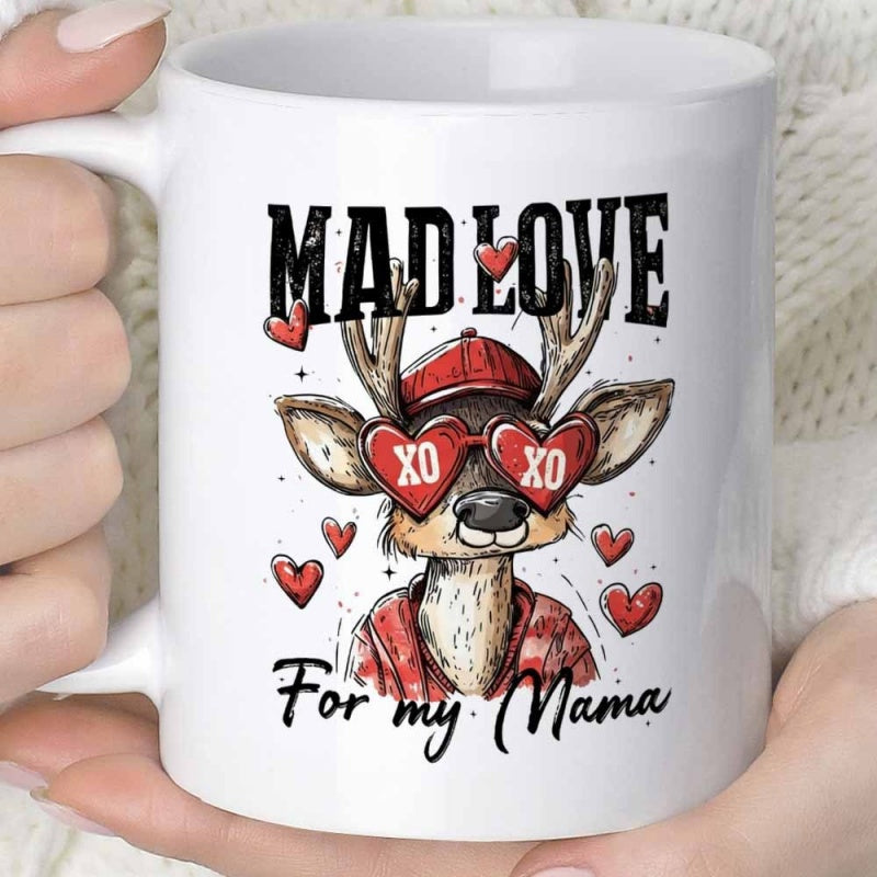 Tailorly White Ceramic 11 oz Mug - Mad Love For My Mama Cutesy Woodland Animal Wearing Red Baseball Cap And Heart Shaped Glasses Reindeer