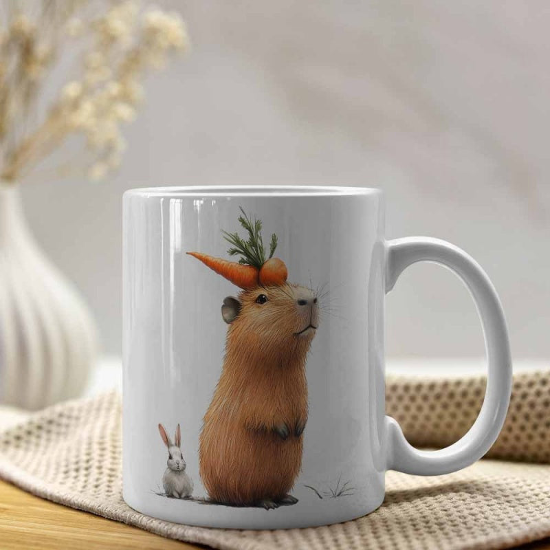 Tailorly White Ceramic 11 oz Mug - Adorable Standing Animal Balancing Fresh Carrot On Head Beside Tiny Rabbit Capybara
