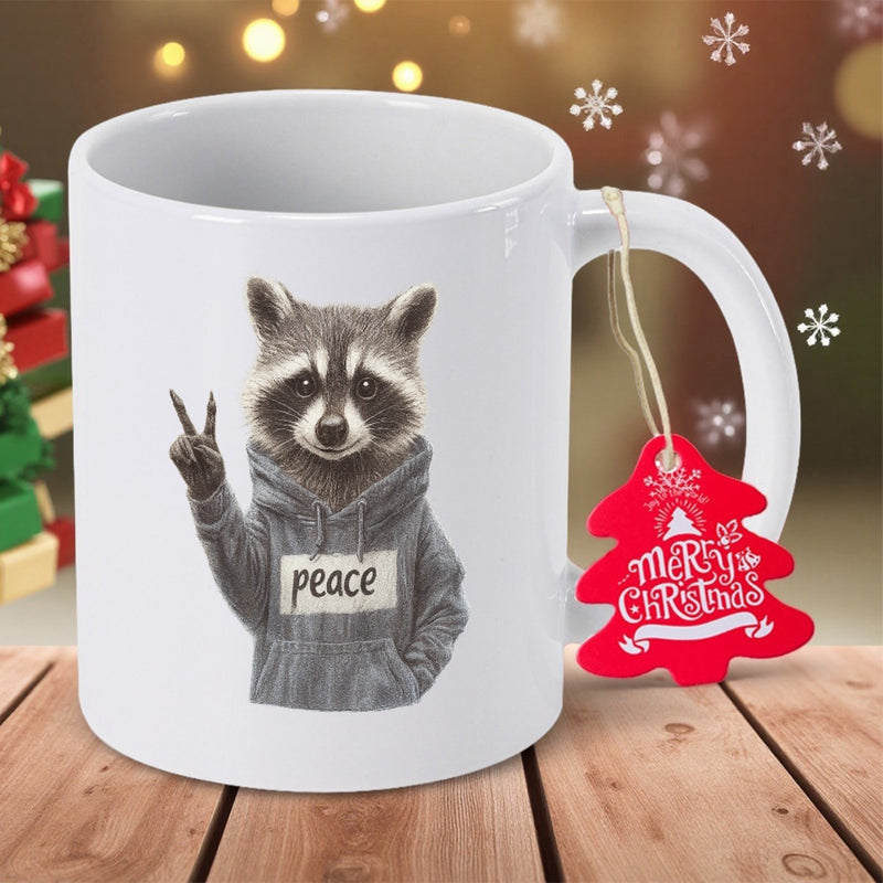 Tailorly White Ceramic 11 oz Mug - Peace Adorable Raccoon In A Gray Hoodie Making A Peace Sign Raccoon