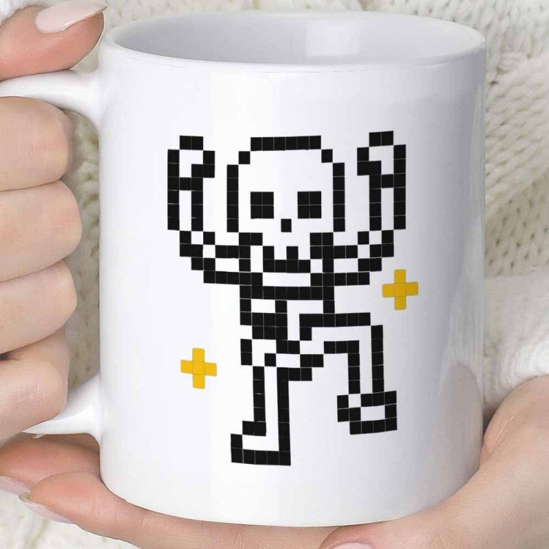 Tailorly White Ceramic 11 oz Mug - Retro Eight Bit Pixelated Dancing Character Surrounded By Yellow Sparkles Skeleton