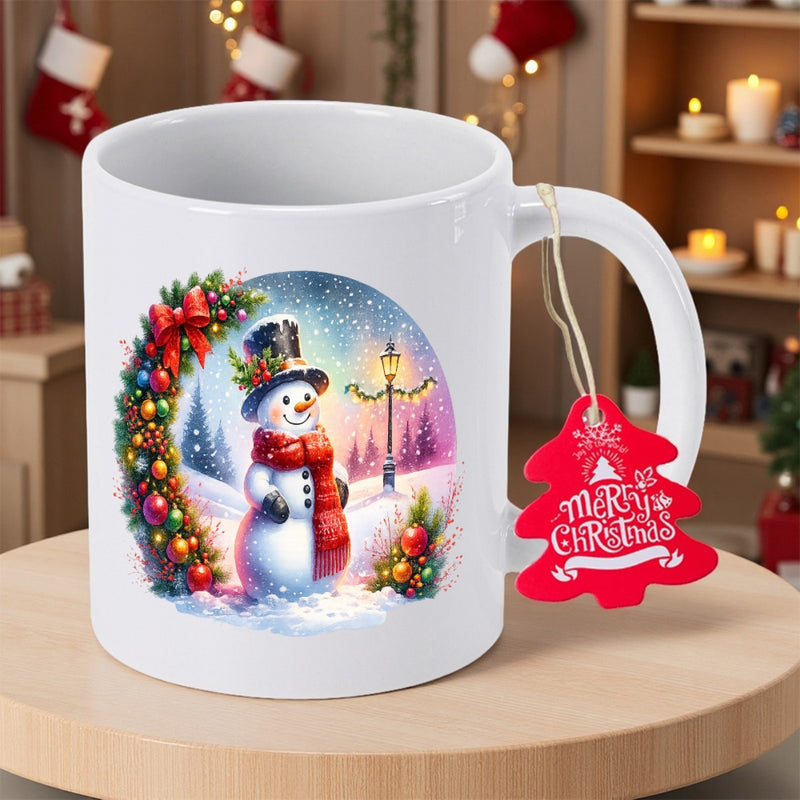 Tailorly White Ceramic 11 oz Mug - Merry Christmas Festive Winter Scene With Glowing Street Lamp Under A Falling Snow Snowman
