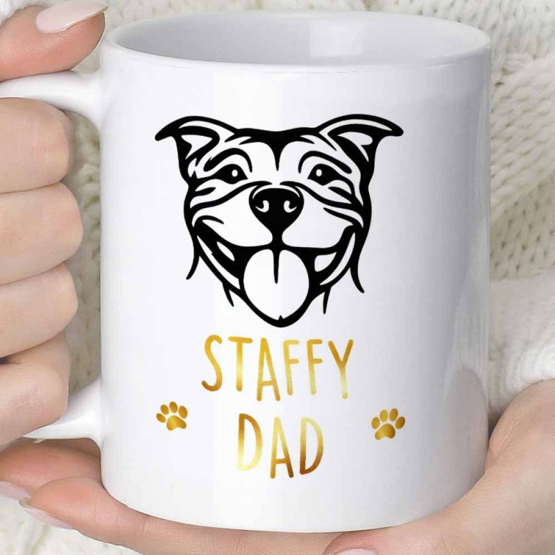 Tailorly White Ceramic 11 oz Mug - Staffy Dad Smiling Staffordshire Bull Terrier Head With Golden Paw Prints Line Art Dog