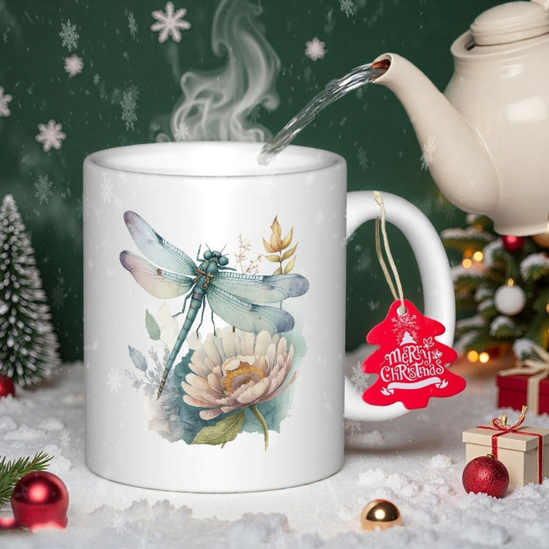 Tailorly White Ceramic 11 oz Mug - Merry Christmas Watercolor Delicate Teal Wings Among Soft White Petals Dragonfly