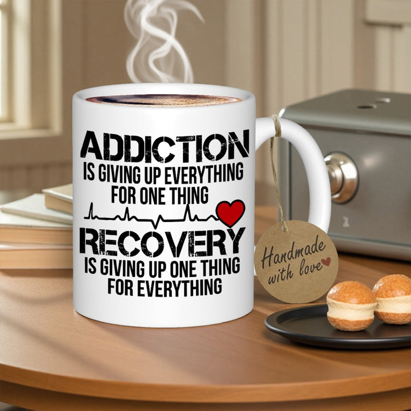 Tailorly White Ceramic 11 oz Mug - Addiction Recovery Motivational Quote With Heartbeat Pulse Line Ending In A Small Red Heart Mug