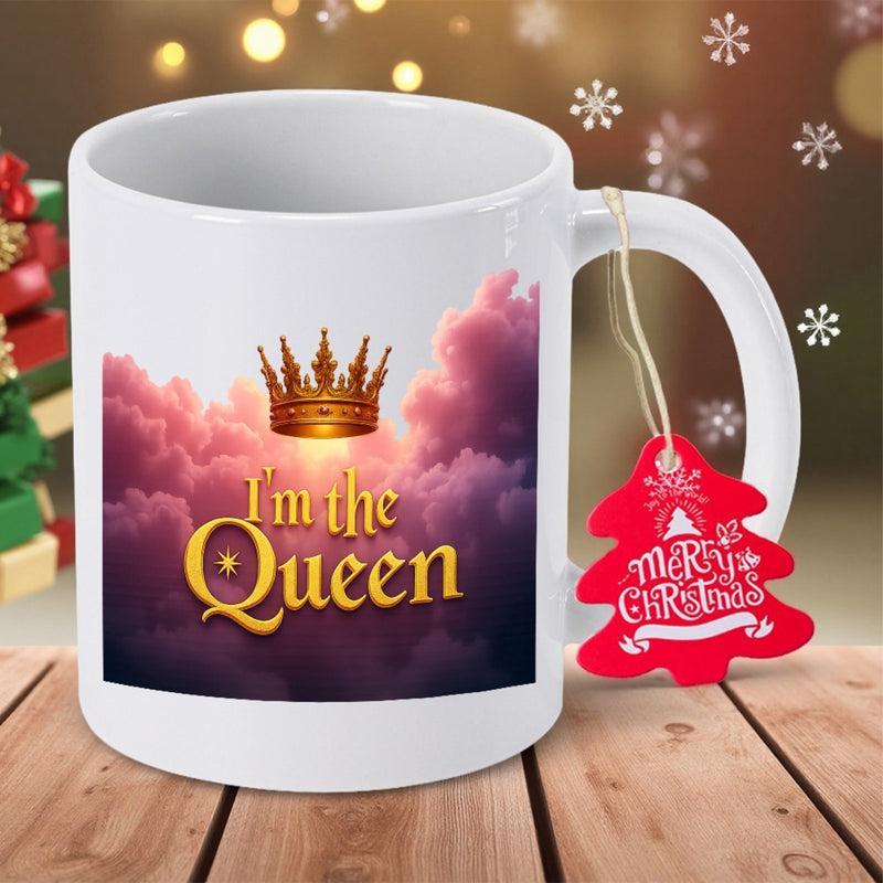 Tailorly White Ceramic 11 oz Mug - Im The Queen Merry Christmas Golden Royal Crown Floating Among Soft Pink Dreamy Clouds Crown