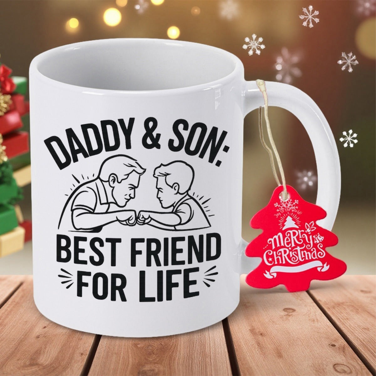 Tailorly White Ceramic 11 oz Mug - Daddy Son Best Friend For Life Minimalist Black Line Art Showing Father And Son Bumping Fists Mug