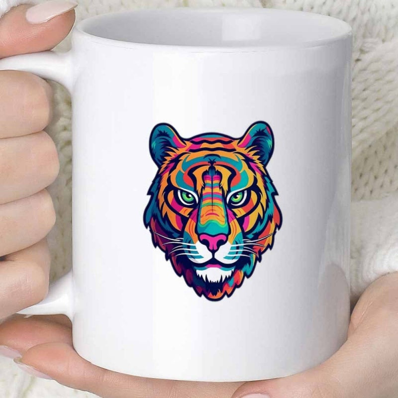 Tailorly White Ceramic 11 oz Mug - Vibrant Pop Art Style With Intricate Rainbow Colored Lines Tiger