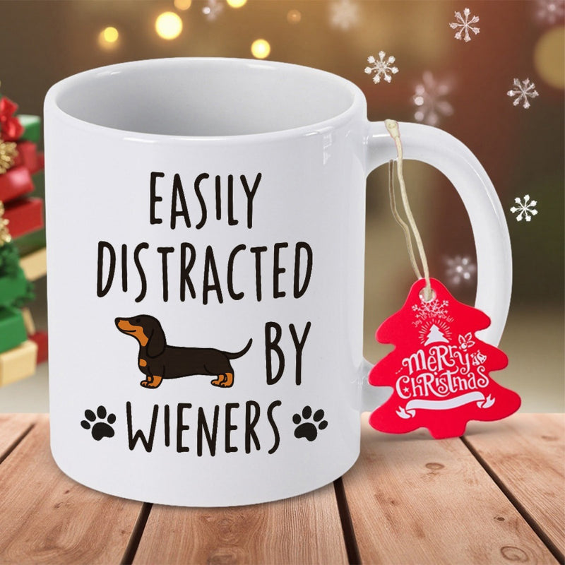 Tailorly White Ceramic 11 oz Mug - Easily Distracted By Wieners Cute Little Black And Tan Dog Standing Among Small Paw Prints Dachshund