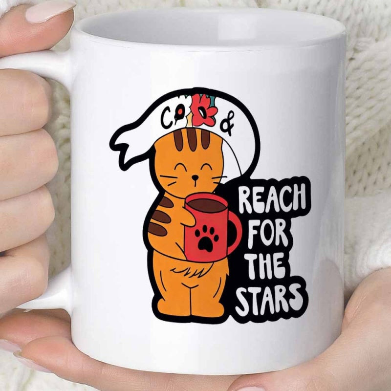 Tailorly White Ceramic 11 oz Mug - Reach For The Stars Cute Orange Tabby Holding Small Red Cup Surrounded By Inspirational Text Cat