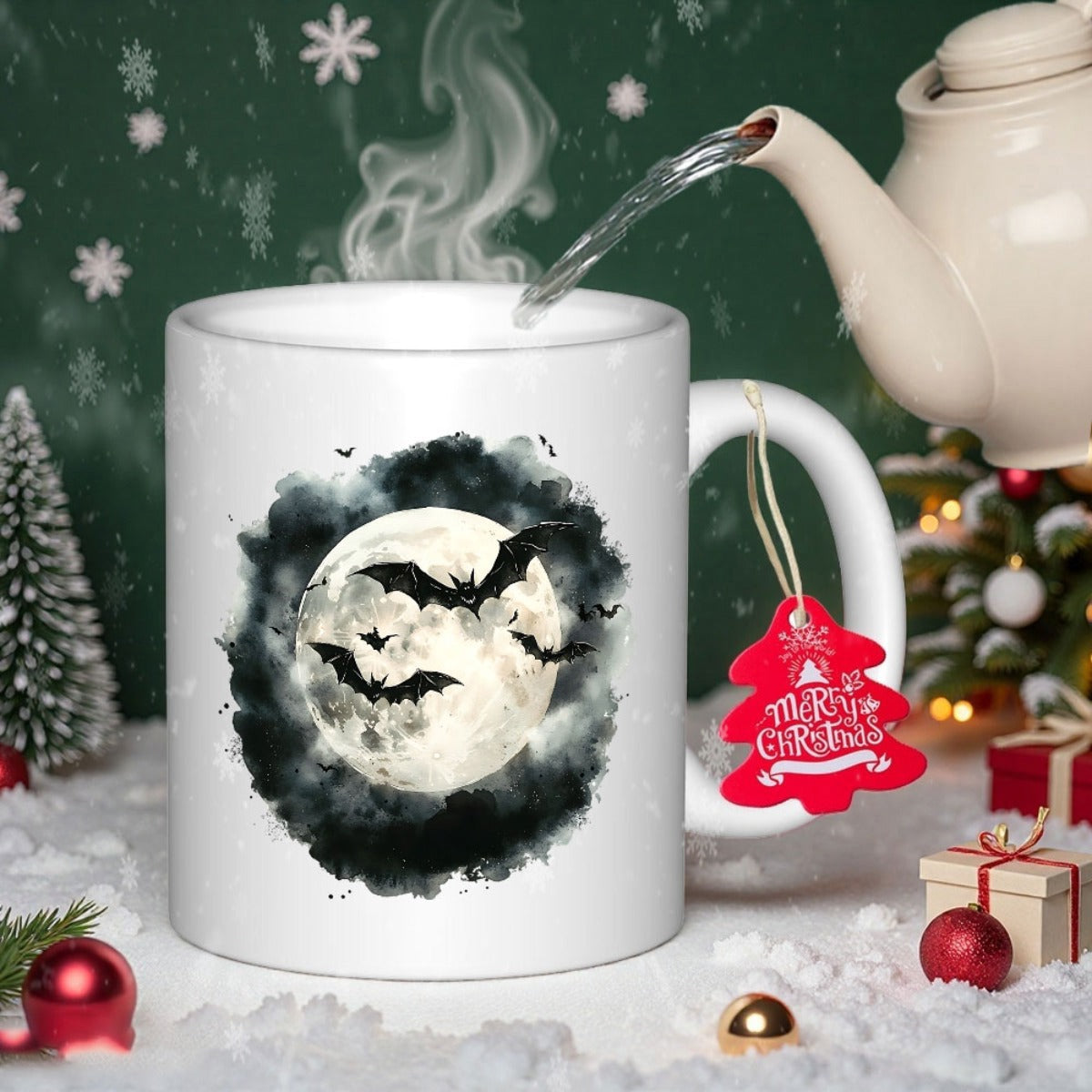 Tailorly White Ceramic 11 oz Mug - Eerie Dark Silhouettes Flying Across A Glowing Full Moon Night Bat