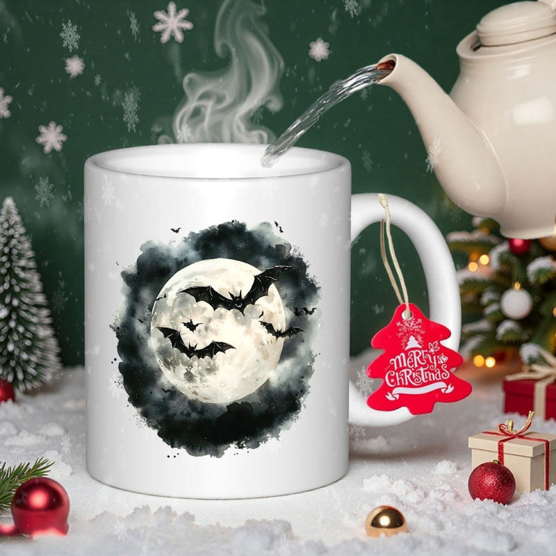 Tailorly White Ceramic 11 oz Mug - Eerie Dark Silhouettes Flying Across A Glowing Full Moon Night Bat