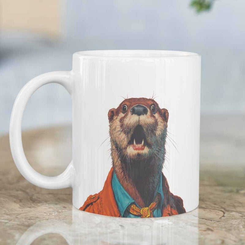 Tailorly White Ceramic 11 oz Mug - Surprised Expressive Animal Wearing Vibrant Orange Jacket And Blue Shirt Otter