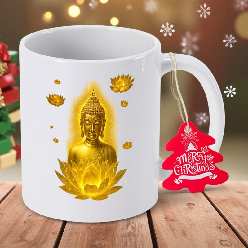 Tailorly White Ceramic 11 oz Mug - Merry Christmas Golden Statue Sitting In A Glowing Lotus Flower Under Floating Petals Buddha