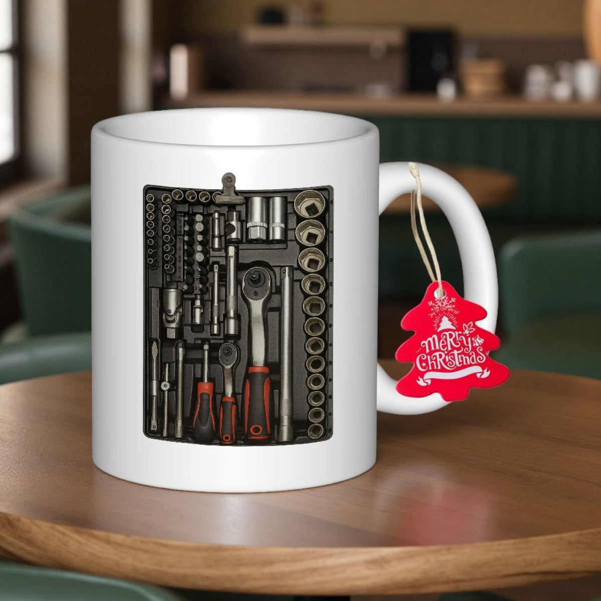 Tailorly White Ceramic 11 oz Mug - Organised Mechanic Sockets And Wrenches Neatly Arranged Inside A Black Case Tool Kit