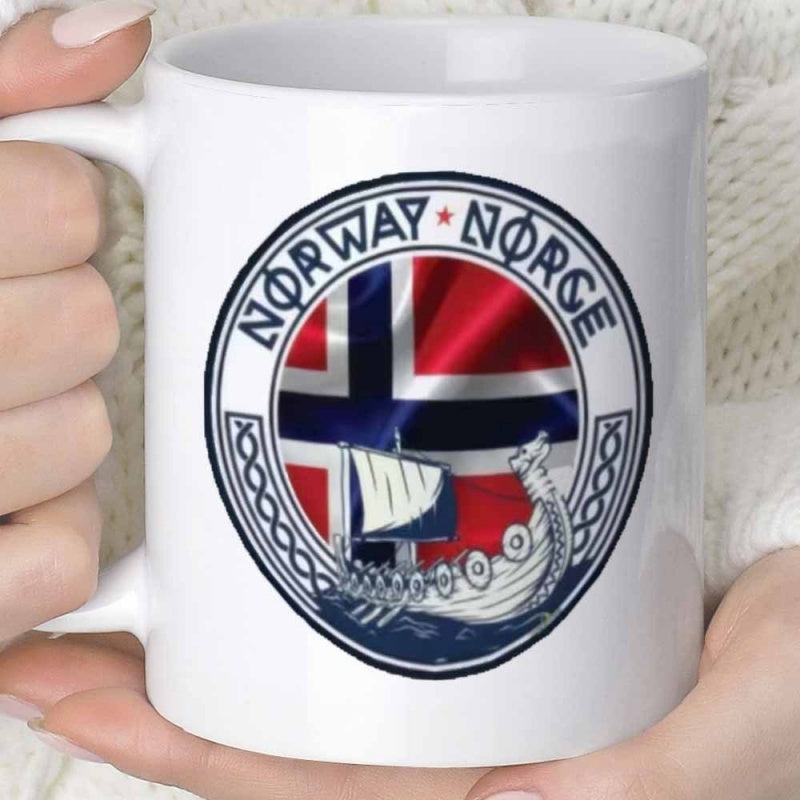 Tailorly White Ceramic 11 oz Mug - Norway Norge Traditional Viking Sailing On Blue Waves Against Flag Background Ship