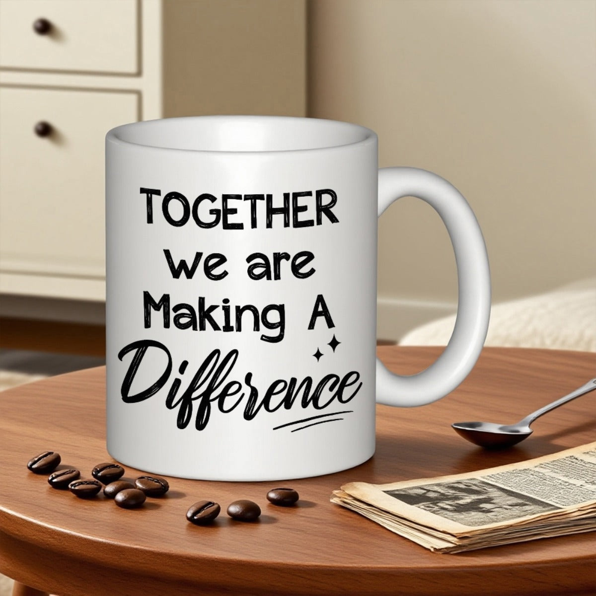 Tailorly White Ceramic 11 oz Mug - Together We Are Making A Difference Minimalist White Ceramic With Bold Black Artistic Typography And Inspirational Message Mug