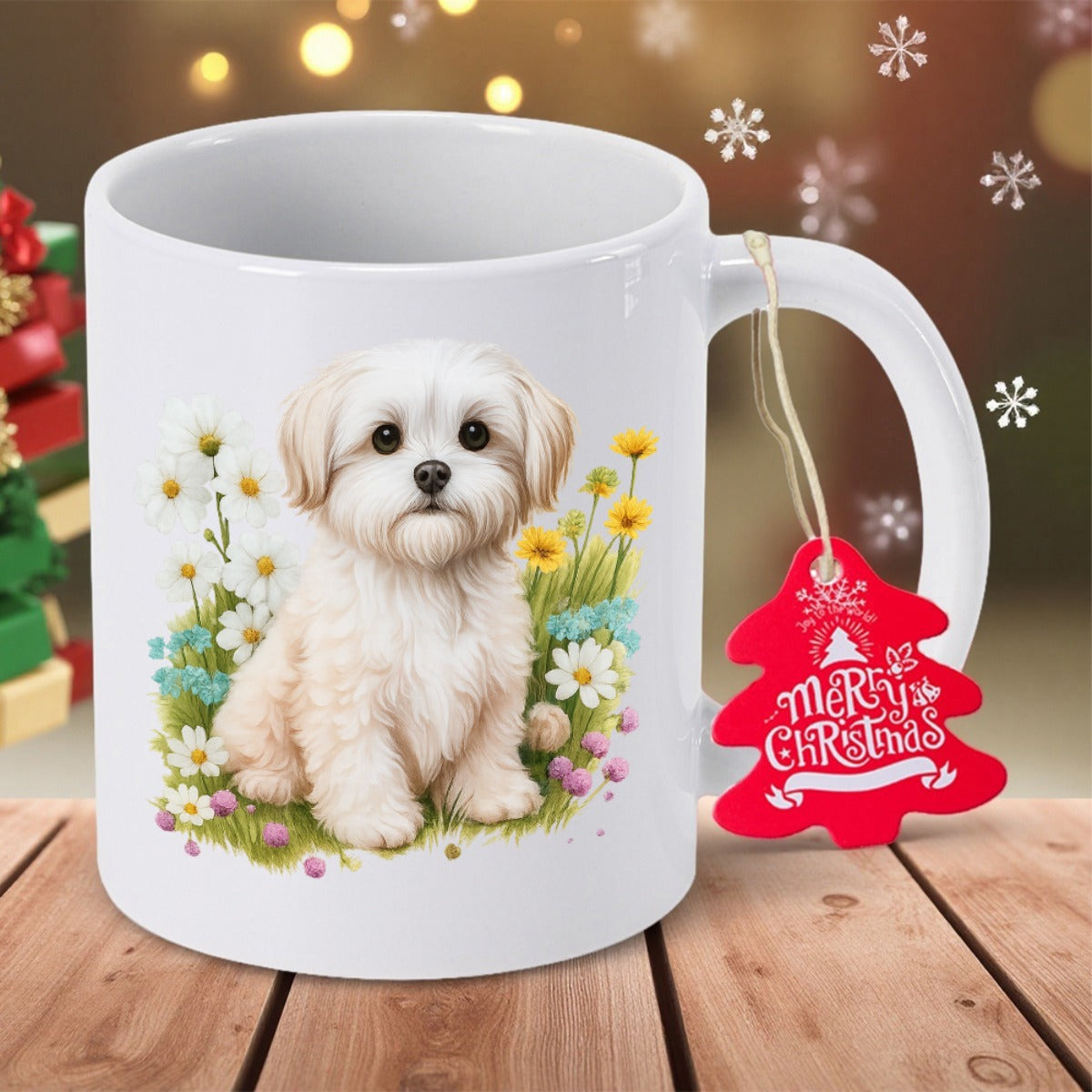 Tailorly White Ceramic 11 oz Mug - Merry Christmas Small Fluffy Puppy Sitting Among Blooming Spring Wildflowers In Garden Dog