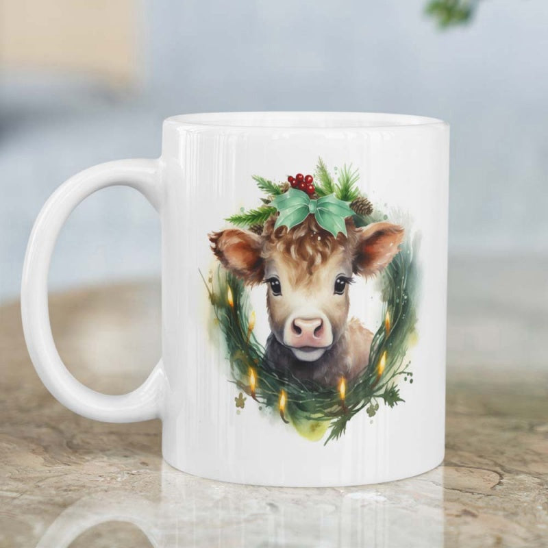 Tailorly White Ceramic 11 oz Mug - Adorable Fluffy Highland Cow Wearing Festive Christmas Holly Wreath With Glowing Lights Cow