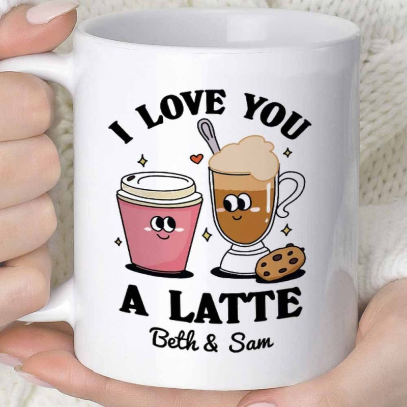 Tailorly White Ceramic 11 oz Mug - I Love You A Latte Beth Sam Cute Cartoon Smiling Beverage Cups Featuring Heart And Chocolate Chip Cookie Coffee