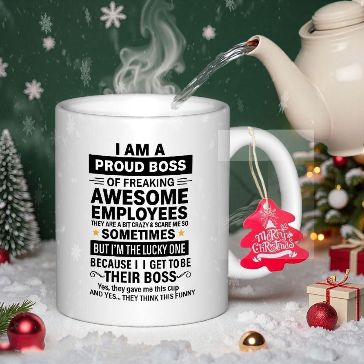 Tailorly White Ceramic 11 oz Mug - I Am A Proud Boss Of Freaking Awesome Employees Professional Minimalist Ceramic Body With Bold Black Block Letters And Stars Mug
