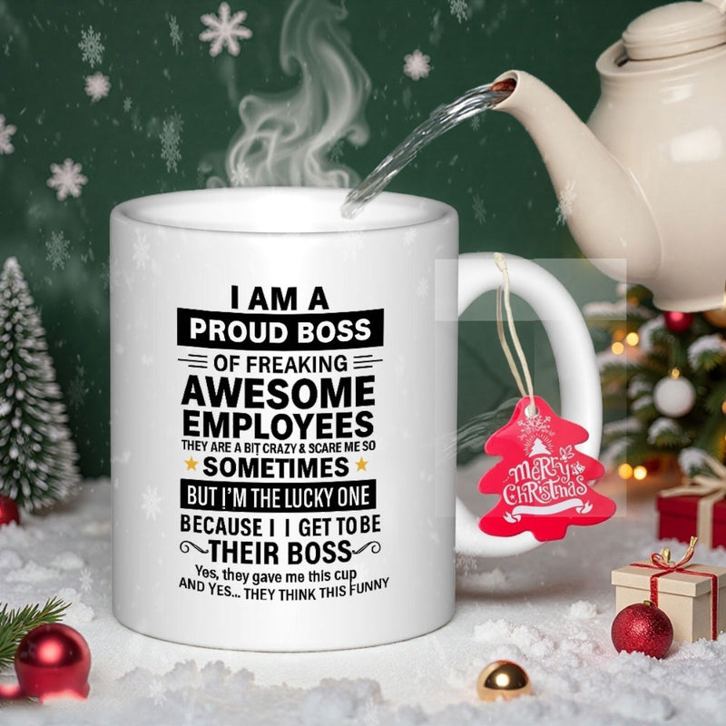Tailorly White Ceramic 11 oz Mug - I Am A Proud Boss Of Freaking Awesome Employees Professional Minimalist Ceramic Body With Bold Black Block Letters And Stars Mug