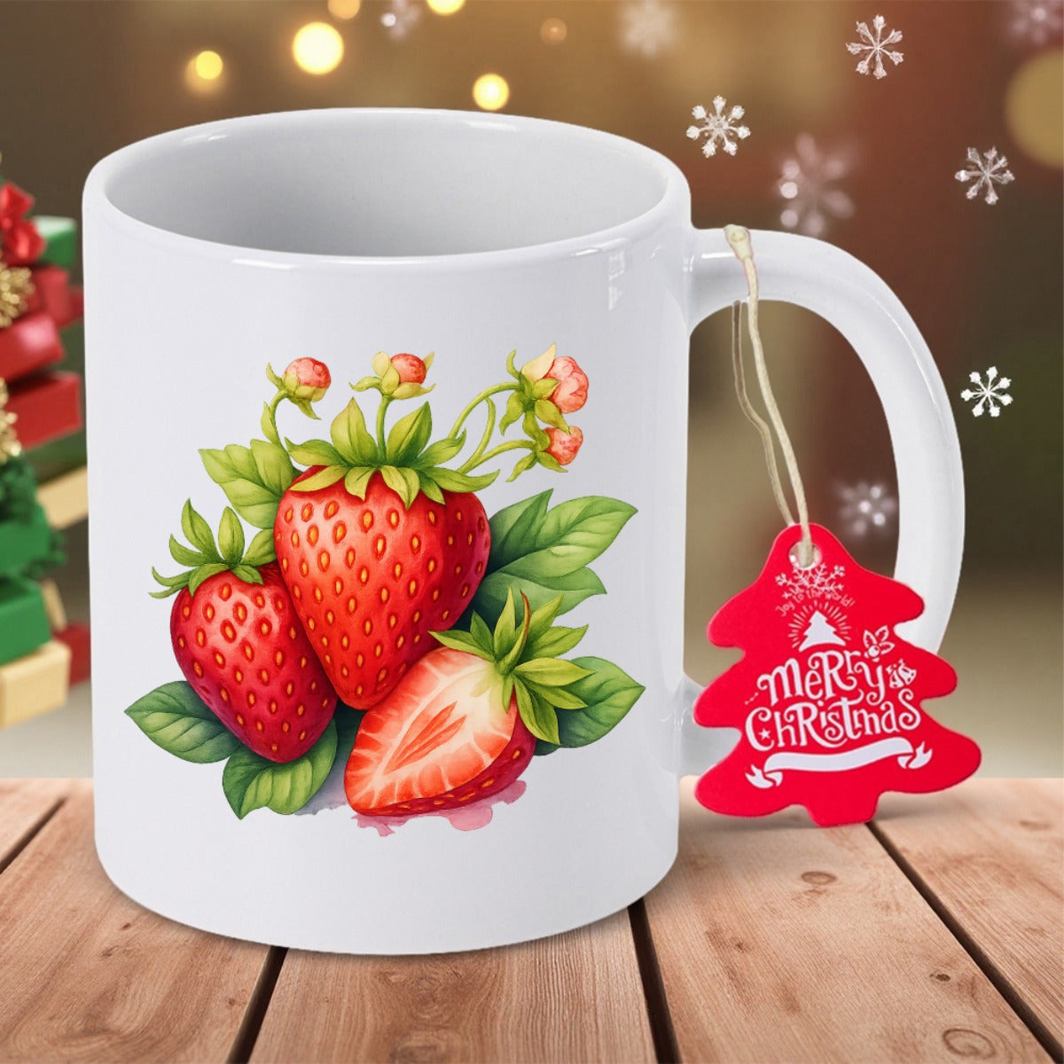 Tailorly White Ceramic 11 oz Mug - Merry Christmas Vibrant Red Ripe Garden Fruit With Green Leaves And Delicate Blossoms Strawberry