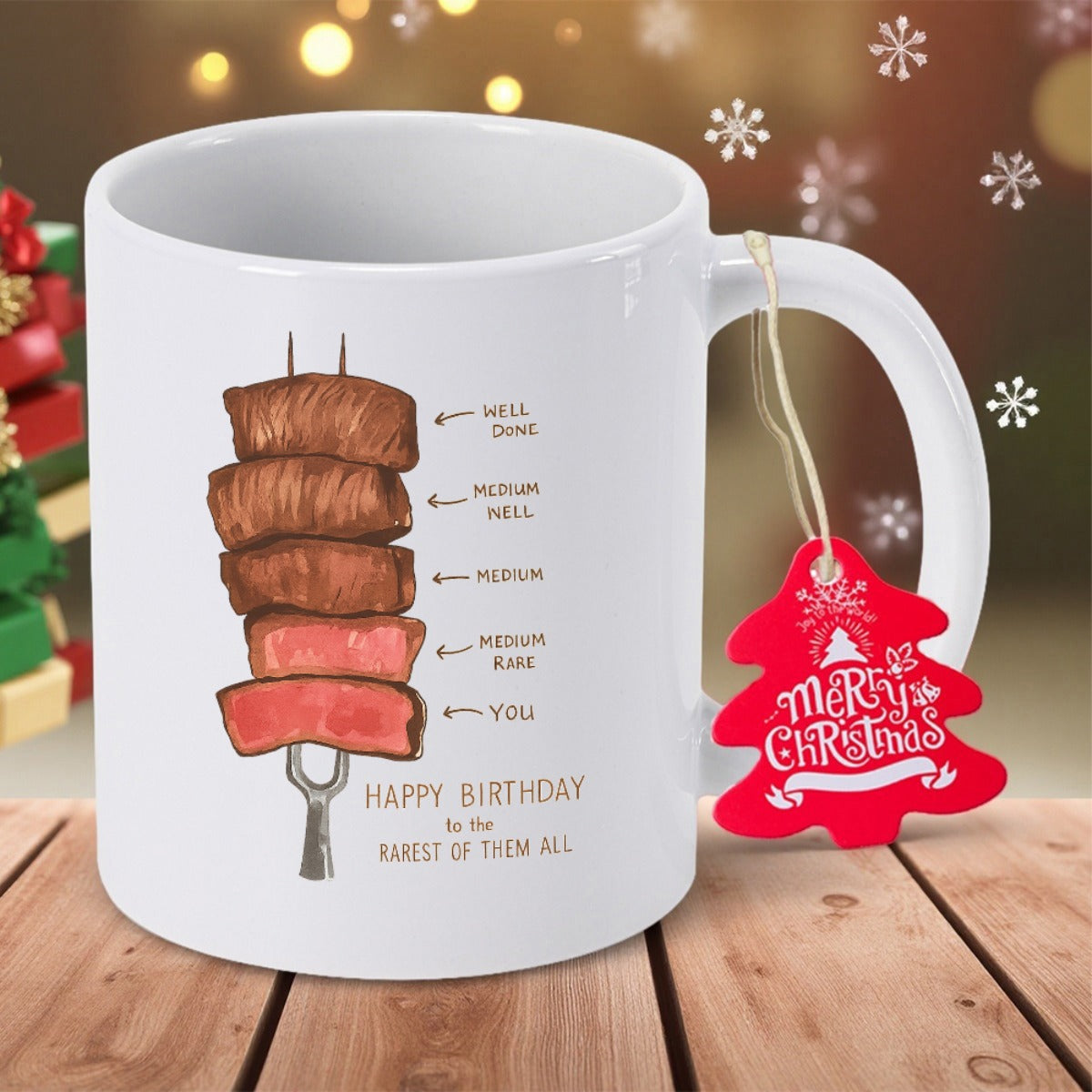 Tailorly White Ceramic 11 oz Mug - Happy Birthday To The Rarest Of Them All Merry Christmas Stacked Slices Of Savory Grilled Meat On A Metal Fork Steak