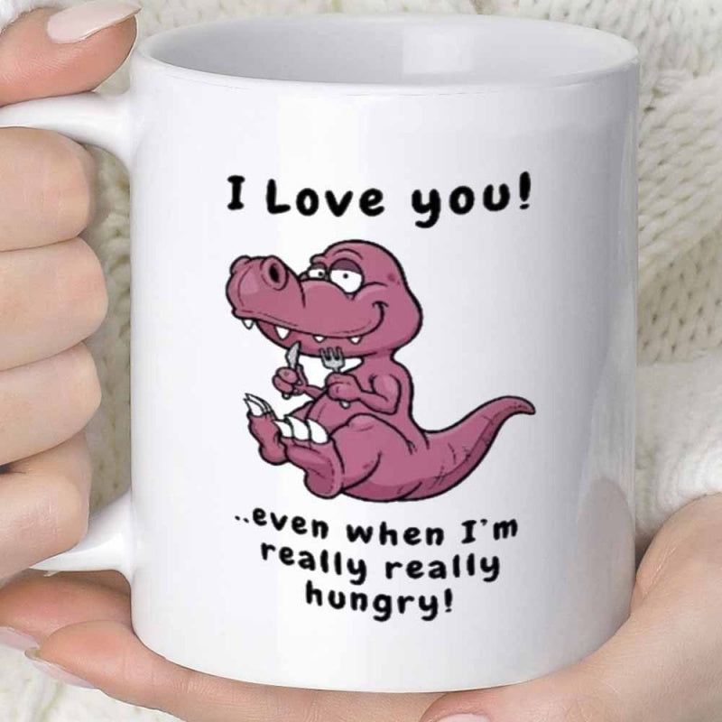 Tailorly White Ceramic 11 oz Mug - I Love You Even When I Am Really Really Hungry Adorable Purple Cartoon Character Sitting With Silverware Ready For Food Dinosaur