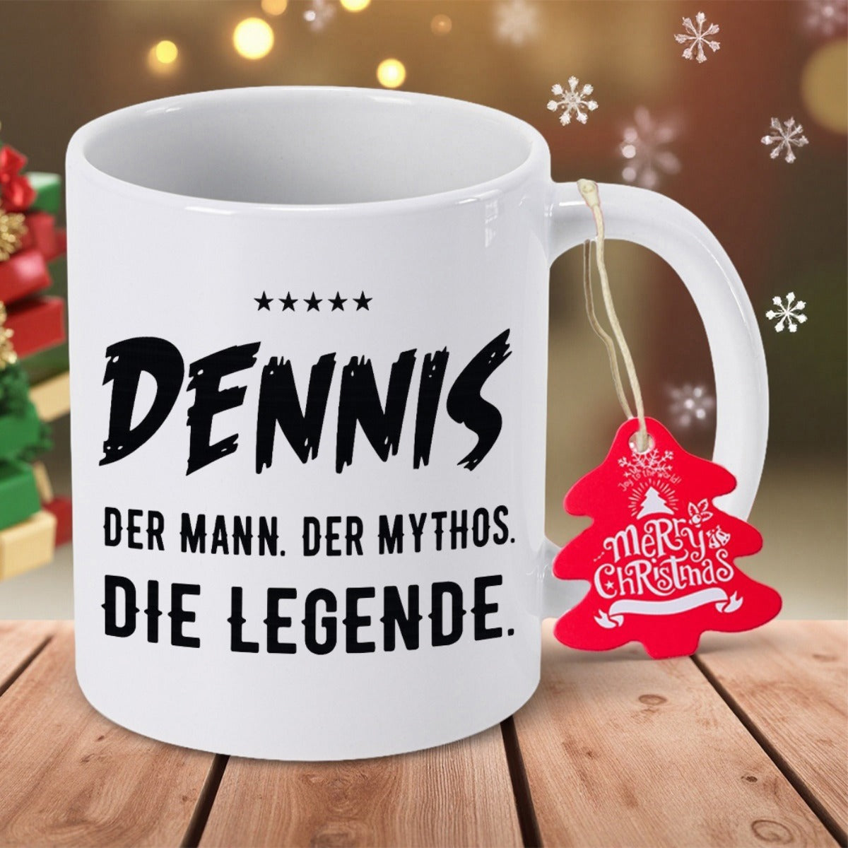 Tailorly White Ceramic 11 oz Mug - Dennis Minimalist Black Five Pointed Stars With Artistic Script Typography Mug
