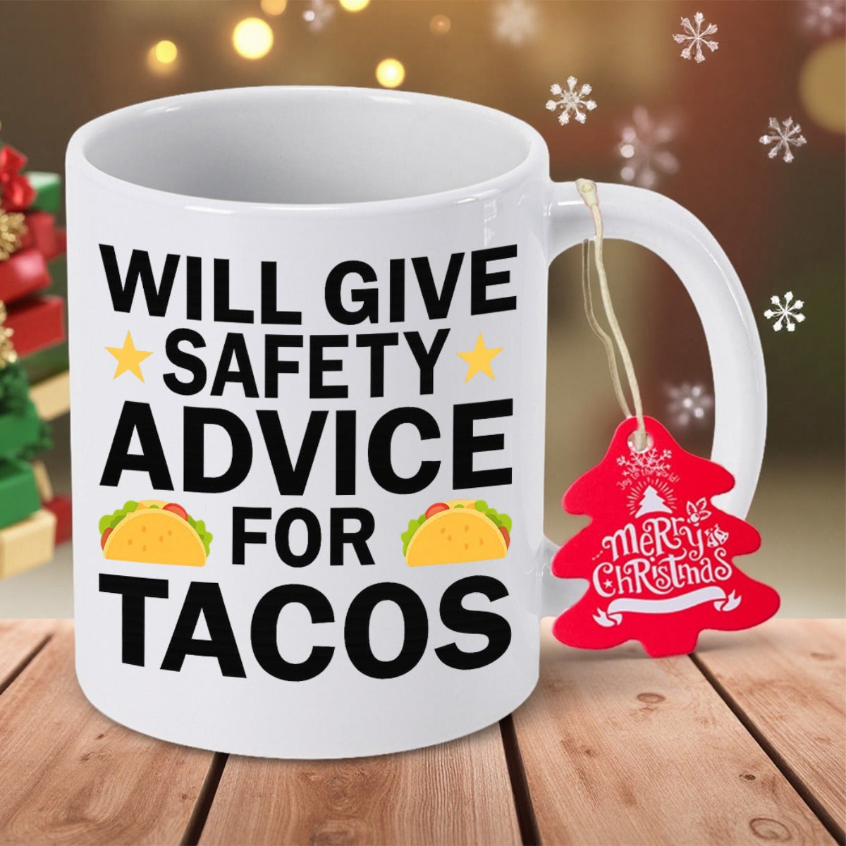 Tailorly White Ceramic 11 oz Mug - Will Give Safety Advice For Tacos Tasty Yellow Tortillas With Fresh Lettuce Ingredients Among Stars Taco