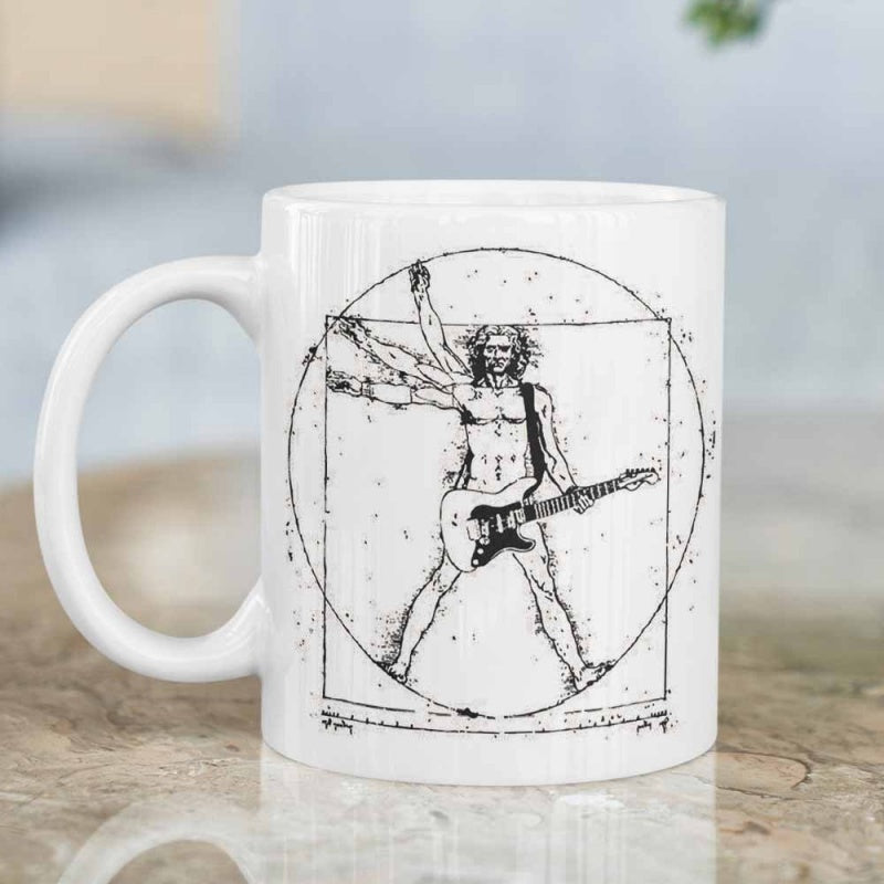 Tailorly White Ceramic 11 oz Mug - Sketch Style Vitruvian Man Playing Electric Guitar Within Circle And Square Guitarist