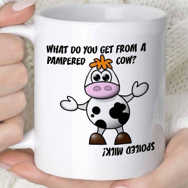 Tailorly White Ceramic 11 oz Mug - What Do You Get From A Pampered Cow Spoiled Milk Standing Spotted Cartoon Bovine With Little Orange Hair Cow