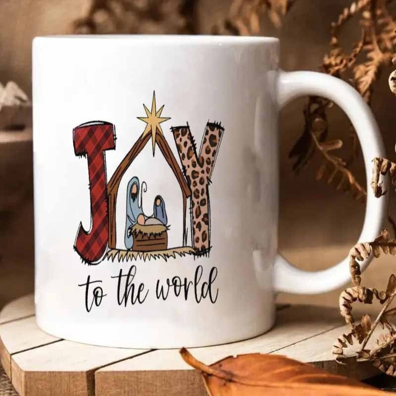 Tailorly White Ceramic 11 oz Mug - Joy To The World Sacred Stable Featuring Holy Family Under Bright Golden Star With Texture Nativity