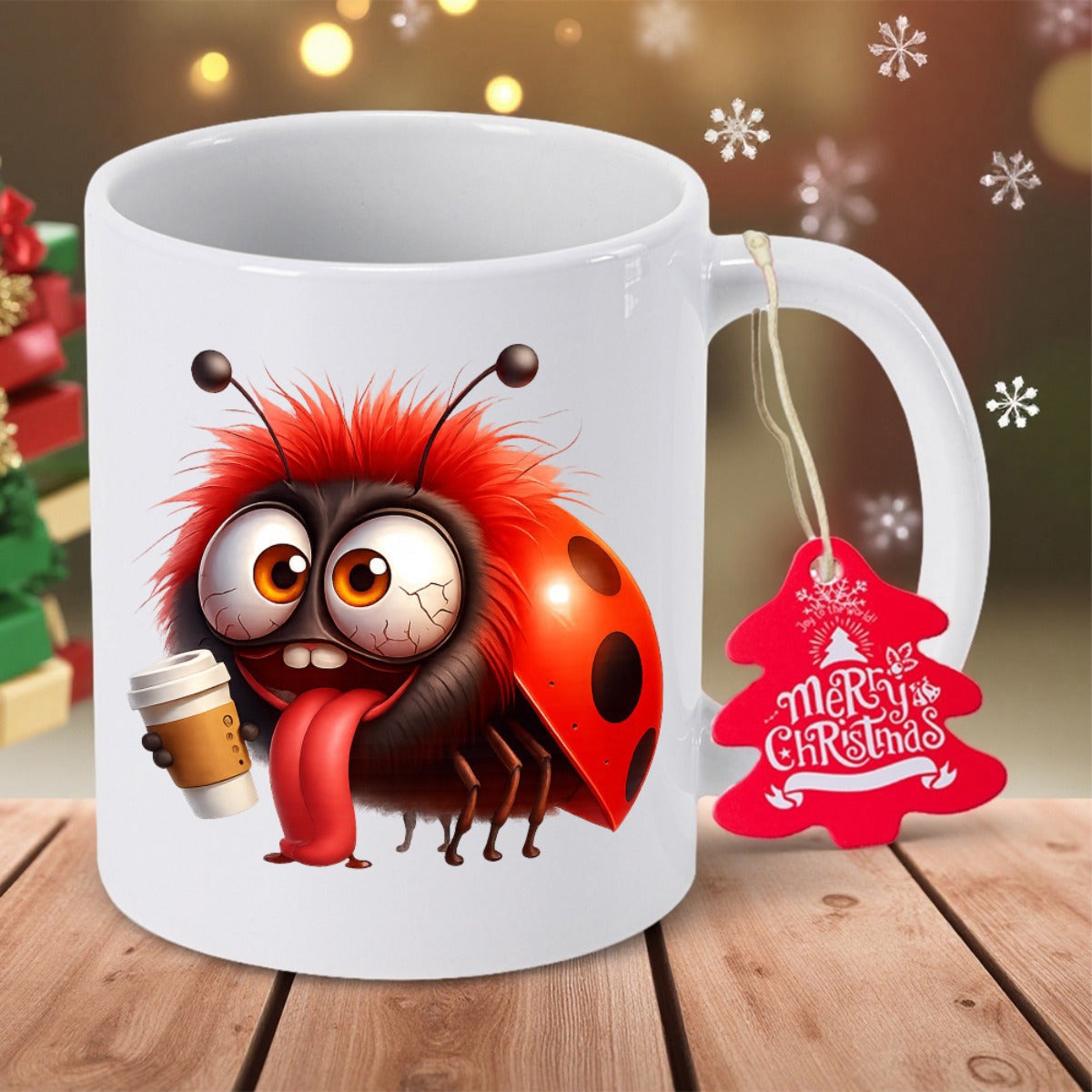 Tailorly White Ceramic 11 oz Mug - Merry Christmas Festive Fuzzy Red Little Bug Holding A Hot Coffee Cup Ladybug