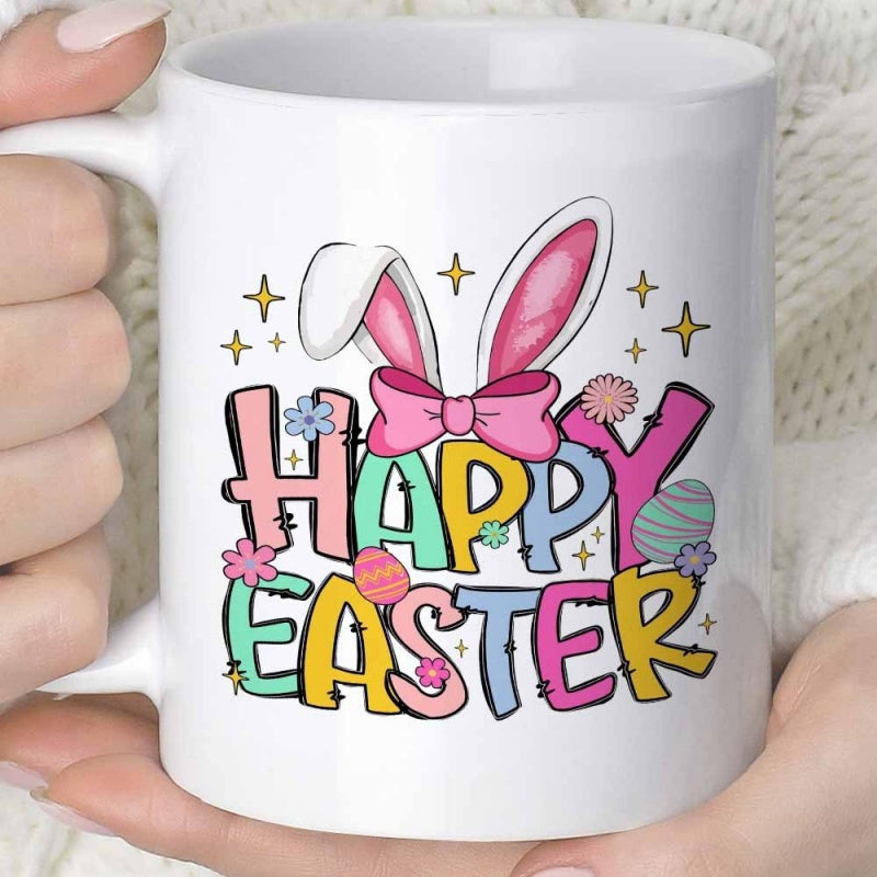 Tailorly White Ceramic 11 oz Mug - Happy Easter Festive Letters Decorated With Cute Pink Ears And Spring Flowers Mug