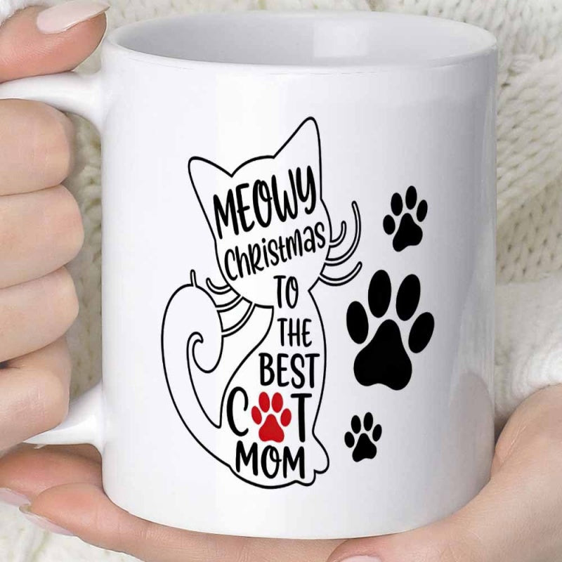 Tailorly White Ceramic 11 oz Mug - Meowy Christmas To The Best Cat Mom Adorable Silhouette With Playful Paw Prints And Festive Holiday Sentiment Decorated Cat