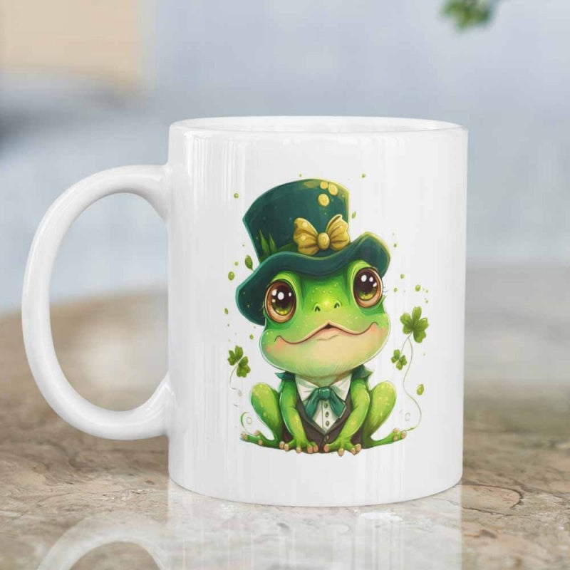 Tailorly White Ceramic 11 oz Mug - Cute Green Frog Wearing Festive Top Hat Surrounded By Lucky Shamrocks Frog