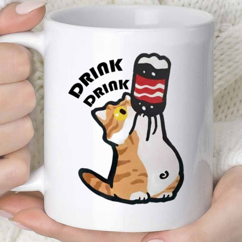 Tailorly White Ceramic 11 oz Mug - Drink Drink Playful Striped Orange Cat Holding A Carbonated Beverage Bottle Cat