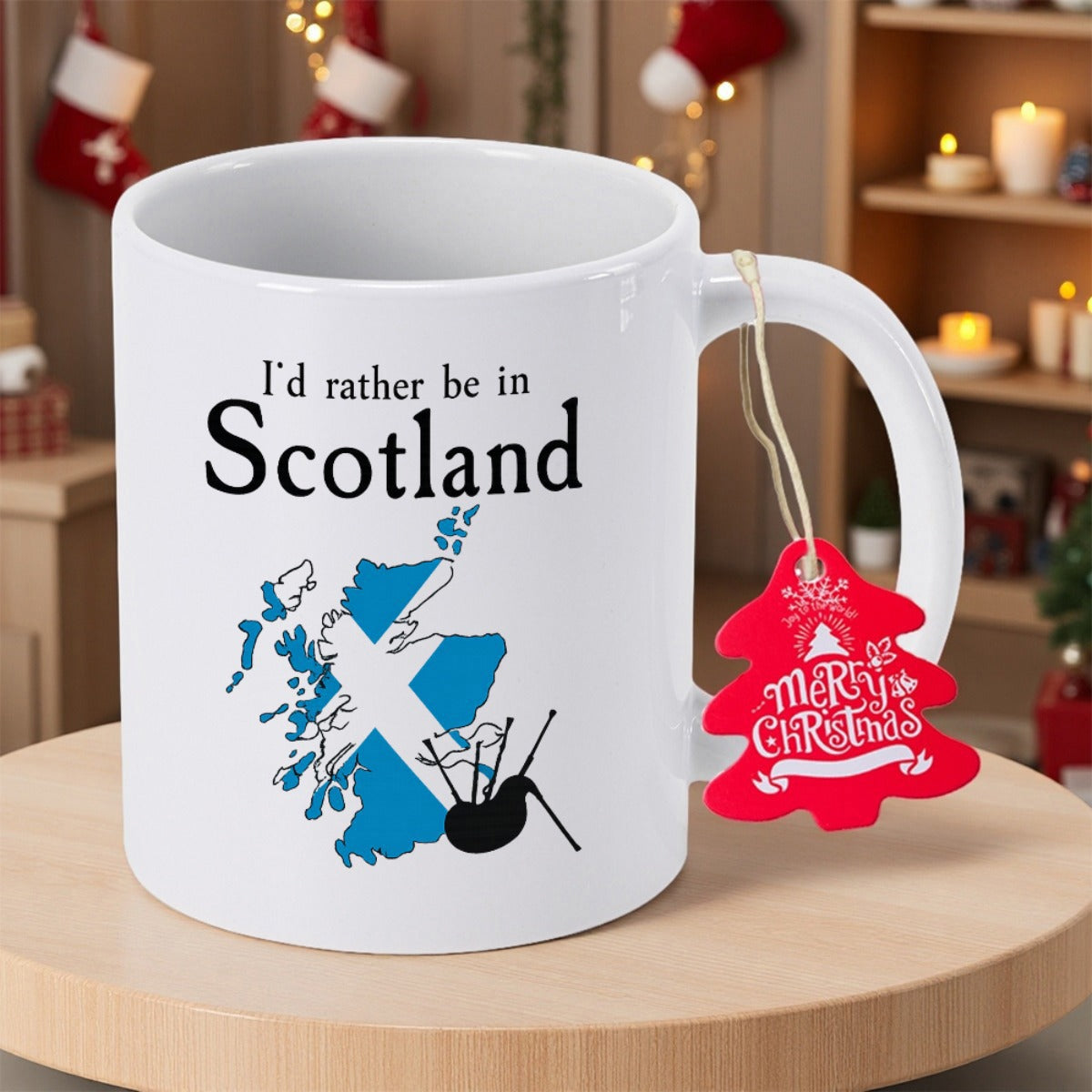 Tailorly White Ceramic 11 oz Mug - Id Rather Be In Scotland Detailed Blue Saltire Flag Pattern With Traditional Bagpipes Map