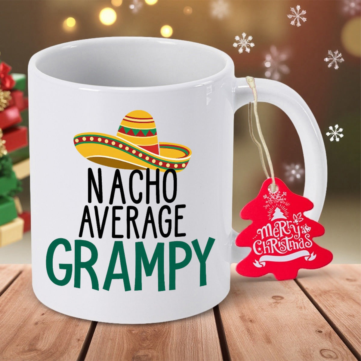 Tailorly White Ceramic 11 oz Mug - Nacho Average Grampy Colorful Festive Mexican Hat With Vibrant Stripes Floating Above Decorative Sombrero