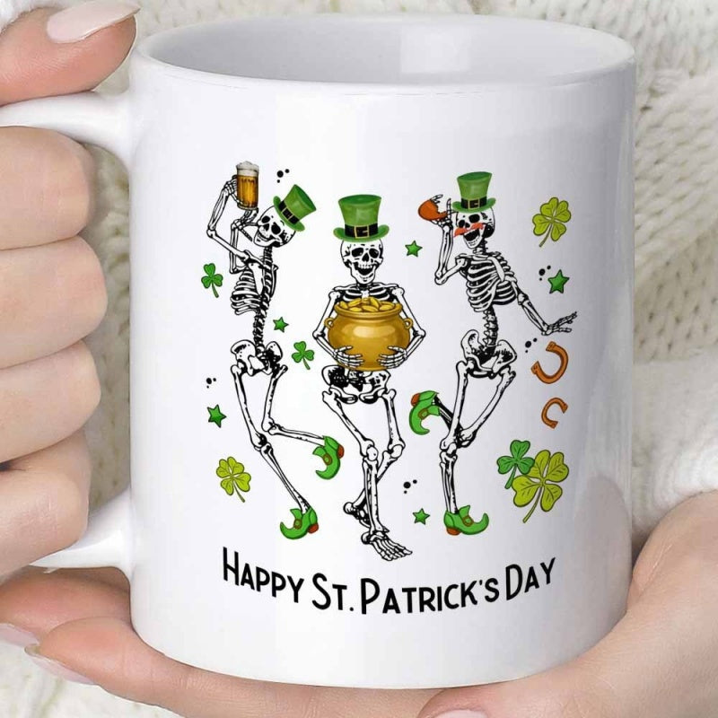 Tailorly White Ceramic 11 oz Mug - Happy St Patricks Day Festive Dancing Leprechaun Costumes Holding Gold Pot Among Lucky Green Shamrocks Skeleton