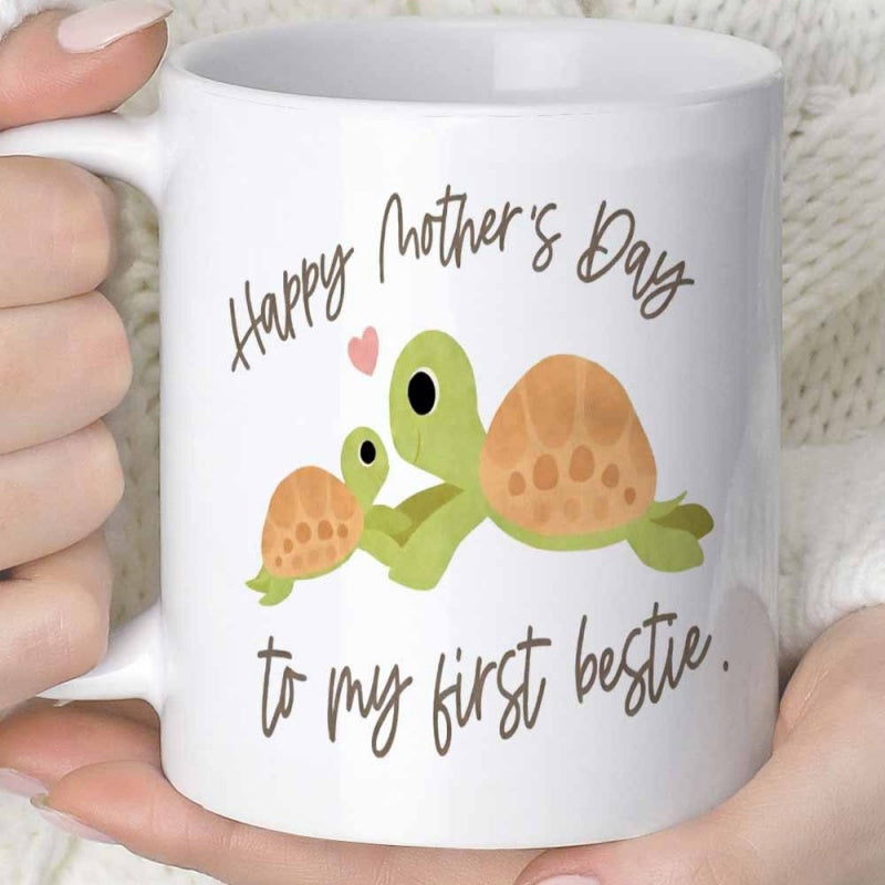 Tailorly White Ceramic 11 oz Mug - Happy Mother's Day To My First Bestie Cute Adorable Mother And Child Sea Creatures With Heart Turtle