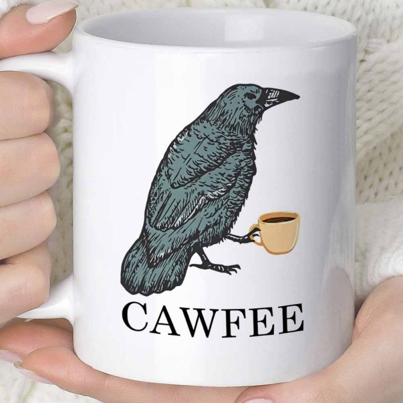 Tailorly White Ceramic 11 oz Mug - Cawfee Hand Drawn Majestic Raven Holding Small Steaming Coffee Cup Crow